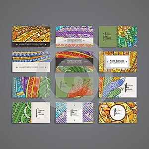 Set of vector design templates. Brochures in random colorful style. Zentangle designs.