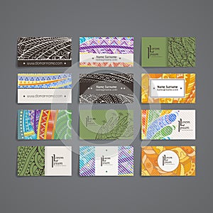 Set of vector design templates. Brochures in random colorful style. Zentangle designs.