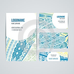 Set of vector design templates. Brochures in random colorful style. Zentangle designs.