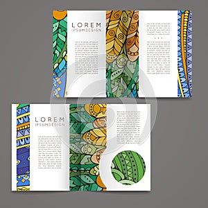 Set of vector design templates. Brochures in random colorful style. Zentangle designs.