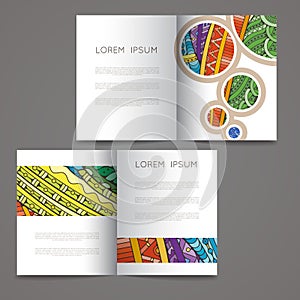 Set of vector design templates. Brochures in random colorful style. Zentangle designs.