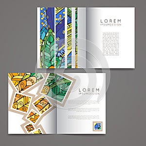 Set of vector design templates. Brochures in random colorful style. Zentangle designs.