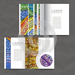 Set of vector design templates. Brochures in random colorful style. Zentangle designs.