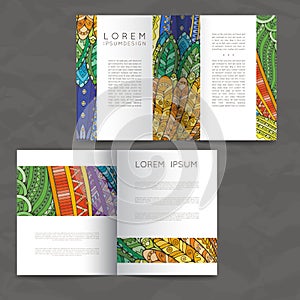 Set of vector design templates. Brochures in random colorful style. Zentangle designs.