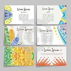 Set of vector design templates. Brochures in random colorful style. Zentangle designs.