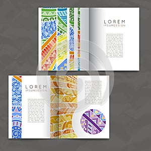 Set of vector design templates. Brochures in random colorful style. Zentangle designs.