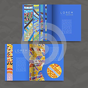 Set of vector design templates. Brochures in random colorful style. Zentangle designs.