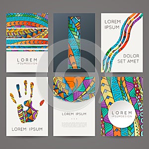 Set of vector design templates. Brochures in random colorful style. Zentangle designs.