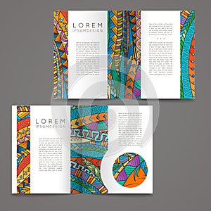 Set of vector design templates. Brochures in random colorful style. Zentangle designs.