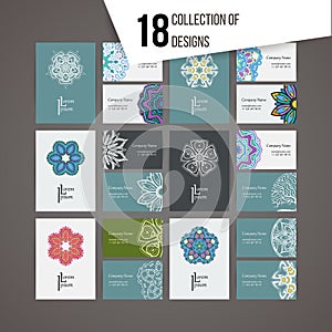 Set of vector design templates. Business card with floral circle ornament and doodle elements. Mandala style.