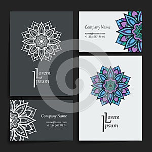 Set of vector design templates. Business card with floral circle ornament. Mandala style.