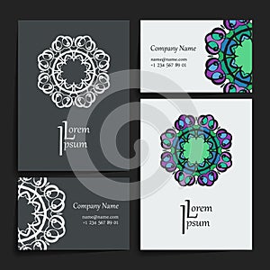 Set of vector design templates. Business card with monogram circle ornament. Mandala style.