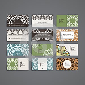 Set of vector design templates. Business card with monogram circle ornament. Mandala style.