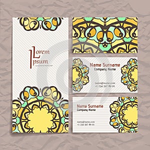 Set of vector design templates. Business card with monogram circle ornament. Mandala style.