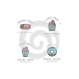 Set vector design templates and emblems - cupcake, donut and bake icon for bakery shop. Sweet shop.