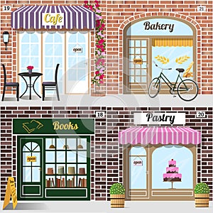 Set of vector detailed design bakery, cafe, bookshop and pastry shop.