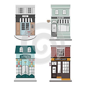 Set of vector detailed design building facade in flat style. Cafe, Barber shop, Bakery,Farmacy.