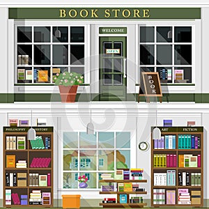 Set of vector detailed flat design bookstore facade and interior. Cool graphic interior design for book shop with books, bookcases