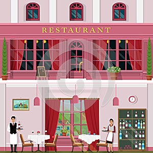 Set of vector detailed flat design restaurant facade and interior. Interior design for restaurant with tables, chairs