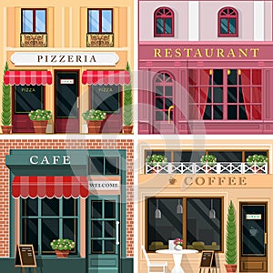 Set of vector detailed flat design restaurants and cafes facade icons. Cool graphic exterior design for restaurant business.