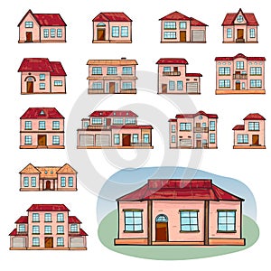 Set of vector different houses, cartoon scribble style.