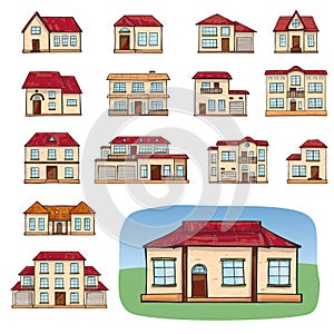 Set of vector different houses, cartoon scribble style.