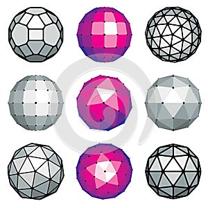 Set of vector dimensional low poly objects, spherical facet shapes. Technology 3d elements collection can be used as design forms