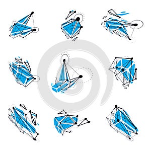 Set of vector dimensional wireframe low poly objects, facet shapes with grid. Technology 3d mesh elements collection can be used