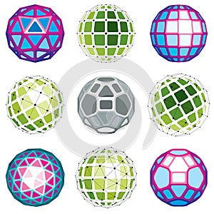 Set of vector dimensional wireframe low poly objects, spherical