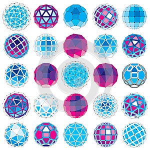 Set of vector dimensional wireframe low poly objects, spherical