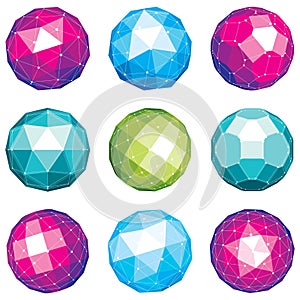Set of vector dimensional wireframe low poly objects, spherical