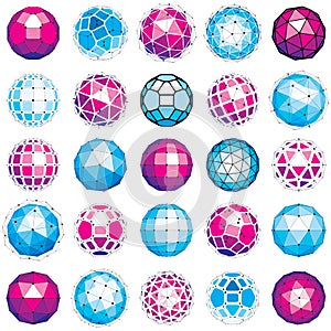 Set of vector dimensional wireframe low poly objects, spherical