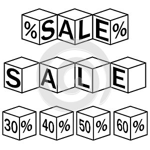A set of vector discount cubes on a white background, black outline vector illustration