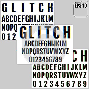 Set of vector distorted glitch fonts. Trendy style lettering typeface. Dark latin letters on white backgrounds. 3 in 1