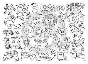 Set of Vector Doodle Bacteria Germs or Cartoon Monsters. Hand Drawn Viruses Collection Isolated