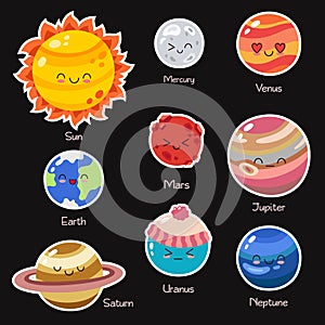 Set of vector doodle cartoon icons planets of solar system. Comic colored funny characters. Children s education