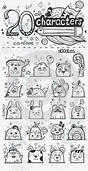 Set of 20 vector doodle hand-drawn cartoon characters