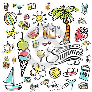 Set of vector doodle summer icons