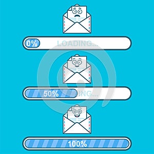 Set of vector downloaders with email cartoon character and text loading. Progress bar and loading emoticon. ui preloader