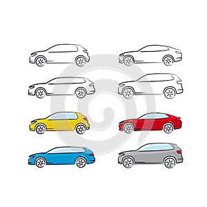 Set of vector drawings of cars from the side view. Small car, sedan, dungeon, SUV. Simple drawing of black lines and colored car i