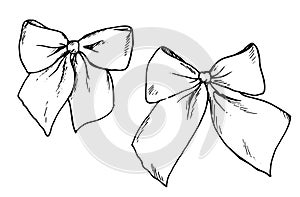 Set of vector drawings with decorative bows in sketches style black contour on a white background. bow illustration sign