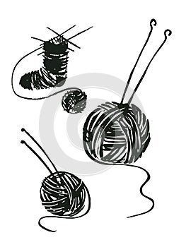 A set of vector drawings yarn ball image and spokes. Sock Knitting