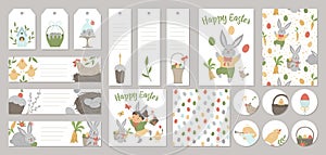 Set of vector Easter holiday card templates, gift tags, labels, pre-made designs, bookmarks with cute cartoon spring elements and