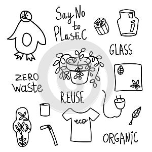 Set of vector ecology of elements. Lettering zero waste, say no to plastic