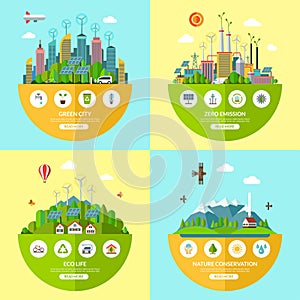 Set of vector ecology illustrations in flat style