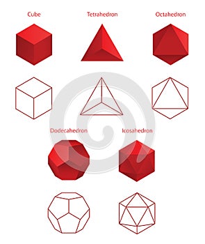 Set Vector editable stroke platonic solids on white background.