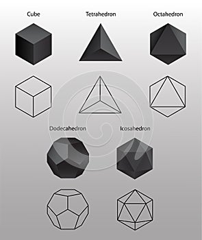 Set Vector editable stroke platonic solids on white background.