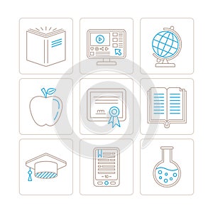 Set of vector education icons and concepts in mono thin line style