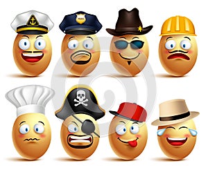 Set of vector egg faces of professionals with caps in emotions