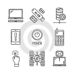 Set of vector electronics icons and concepts in sketch style